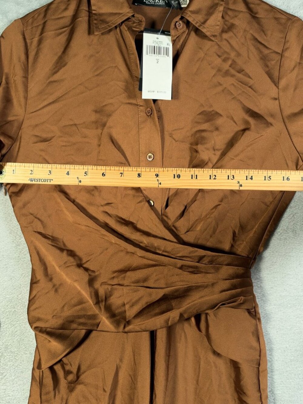 Lauren Ralph Lauren Dress Womens 2 Brown Satin Pleated Button Up Charmeuse $325 - Picture 8 of 11